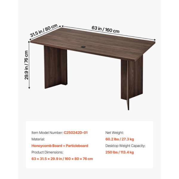 VEVOR Chefschreibtisch (160 lang) moderner Bürotisch mit Kabelanschlussloch, 113,4 kg Tragkraft, Braun+Schwarz – Bild 3