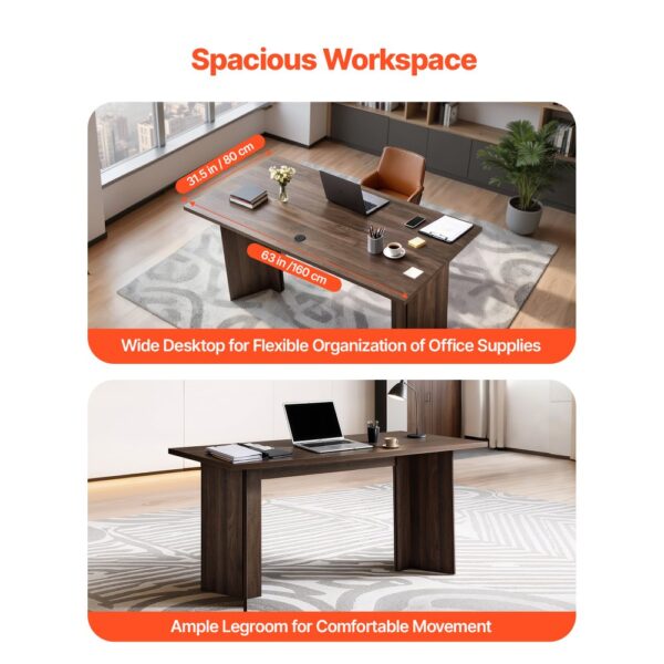 VEVOR Chefschreibtisch (160 lang) moderner Bürotisch mit Kabelanschlussloch, 113,4 kg Tragkraft, Braun+Schwarz – Bild 4
