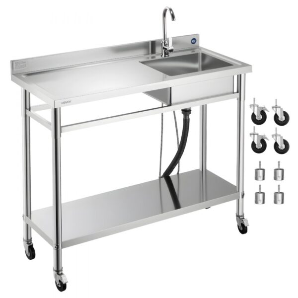 VEVOR Spültisch Spülbecken Edelstahl (1200 x 500 x 1055 mm), Einzelbecken mit Wasserhahn & Rädern VEVOR Spültisch Spülbecken Edelstahl (1200 x 500 x 1055 mm), Einzelbecken mit Wasserhahn & Rädern