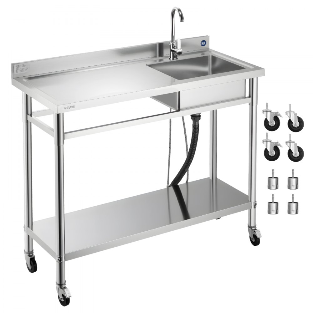 VEVOR Spültisch Spülbecken Edelstahl (1200 x 500 x 1055 mm), Einzelbecken mit Wasserhahn & Rädern