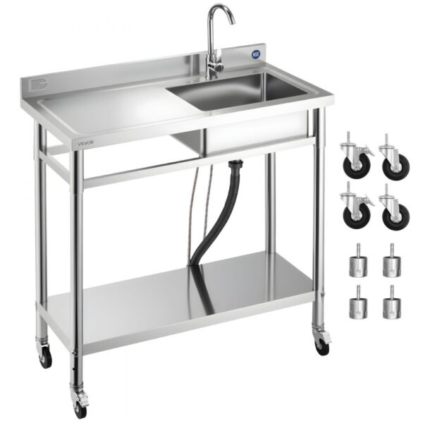 VEVOR Spültisch Spülbecken Edelstahl (1000 x 500 x 1055 mm), Einzelbecken mit Wasserhahn & Rädern VEVOR Spültisch Spülbecken Edelstahl (1000 x 500 x 1055 mm), Einzelbecken mit Wasserhahn & Rädern