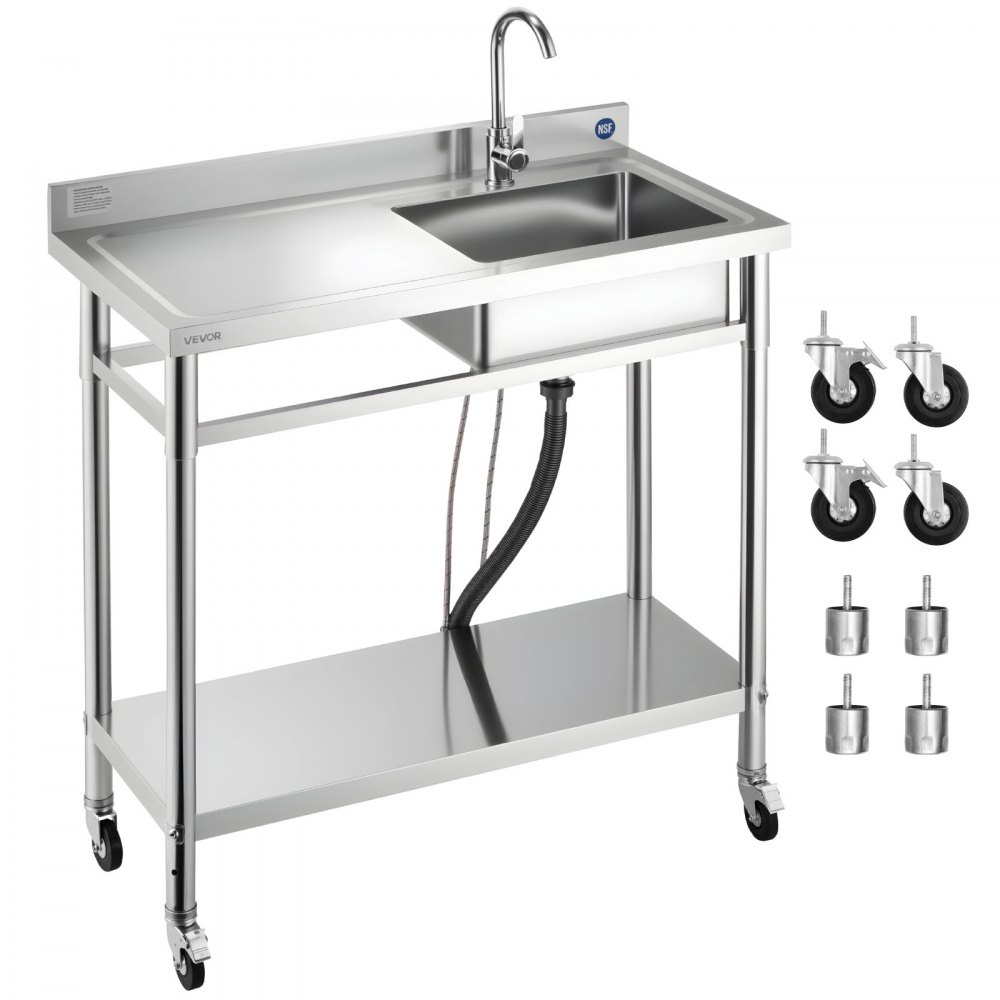 VEVOR Spültisch Spülbecken Edelstahl (1000 x 500 x 1055 mm), Einzelbecken mit Wasserhahn & Rädern