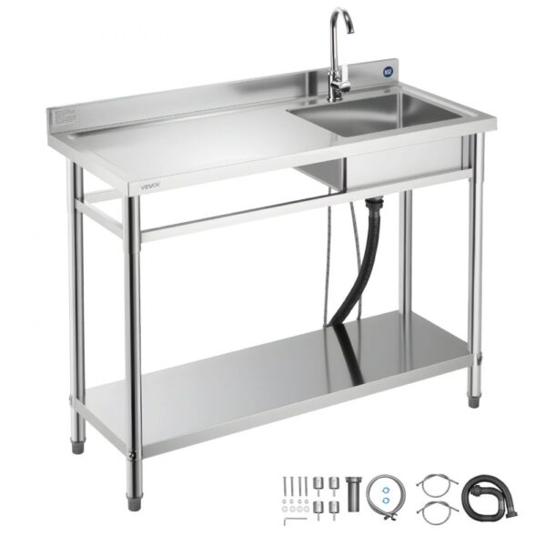 VEVOR Spültisch Spülbecken Edelstahl (120 x 50 x 94 cm), Einzelbecken mit Wasserhahn & Ablage