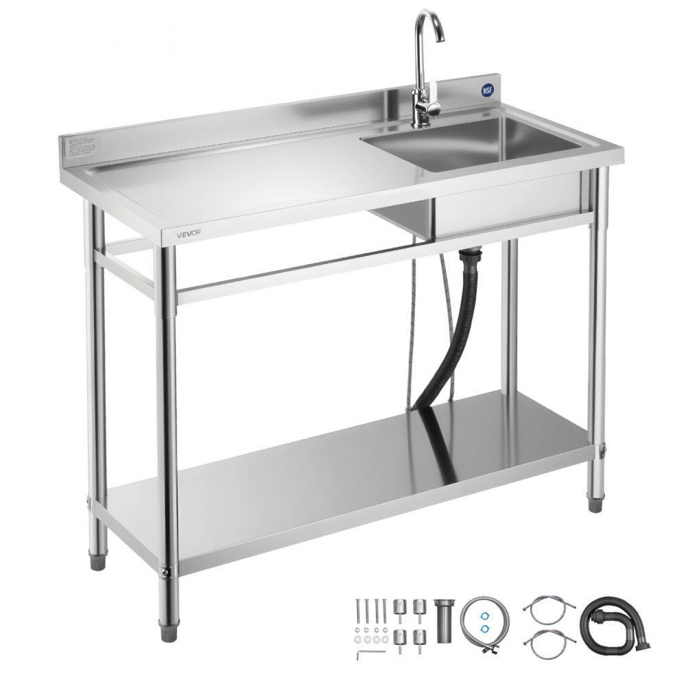 VEVOR Spültisch Spülbecken Edelstahl (120 x 50 x 94 cm), Einzelbecken mit Wasserhahn & Ablage