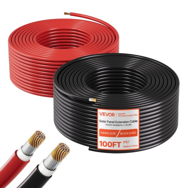 VEVOR Solarkabel Verlängerung, 30,5 m Schwarz & 30,5 m Rot, 10 AWG Solarverlängerungskabel