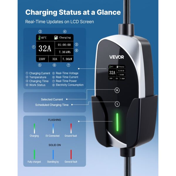 VEVOR Mobile Wallbox, 7,4 kW, 32 A, Typ 2 Ladestation, Tragbares Einphasig-Ladegerät mit 6 m Ladekabel – Bild 4