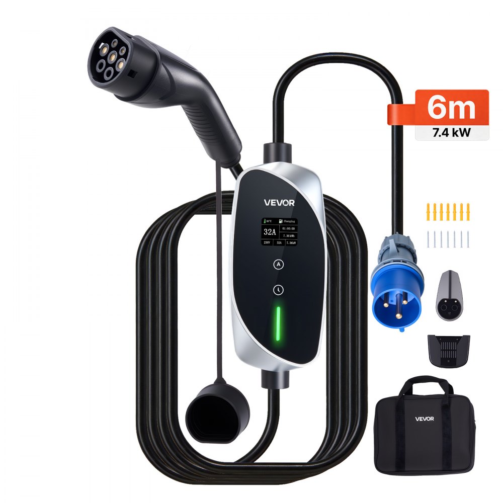 VEVOR Mobile Wallbox, 7,4 kW, 32 A, Typ 2 Ladestation, Tragbares Einphasig-Ladegerät mit 6 m Ladekabel