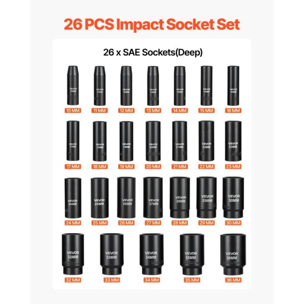 VEVOR Schlagschrauber Nüsse Set, 1/2 Zoll 26-tlg., Metrisch 10–30 mm, 32–36 mm – Bild 3 VEVOR Schlagschrauber Nüsse Set, 1/2 Zoll 26-tlg., Metrisch 10–30 mm, 32–36 mm – Bild 3