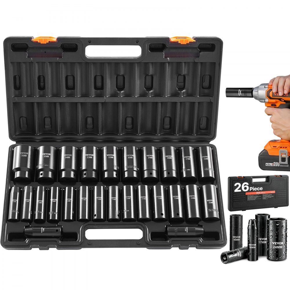 VEVOR Schlagschrauber Nüsse Set, 1/2 Zoll 26-tlg., Metrisch 10–30 mm, 32–36 mm