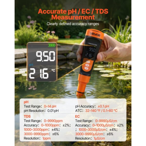 VEVOR pH-Meter, pH/EC/TDS Multiparameter-Messung, IP68 Wasserdichte Sonde – Bild 2