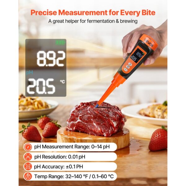 VEVOR pH-Meter für Lebensmittel, Messbereich 0–14, Wasserdichte Sonde (IP68) – Bild 2