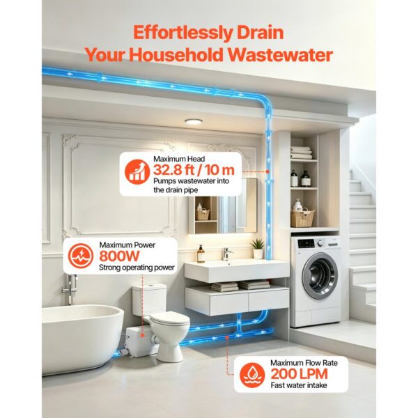 VEVOR Fäkalienhebeanlage 800 W 12000 L/h 10 m Förderhöhe mit 4 Einlässen, WC, Waschküche und Küche – Bild 5