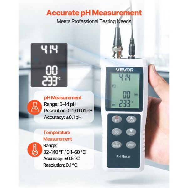 VEVOR pH-Meter, Messbereich 0–14, Wasserdichte Sonde (IP68), 3-Punkt-Automatikkalibrierung – Bild 2 VEVOR pH-Meter, Messbereich 0–14, Wasserdichte Sonde (IP68), 3-Punkt-Automatikkalibrierung – Bild 2