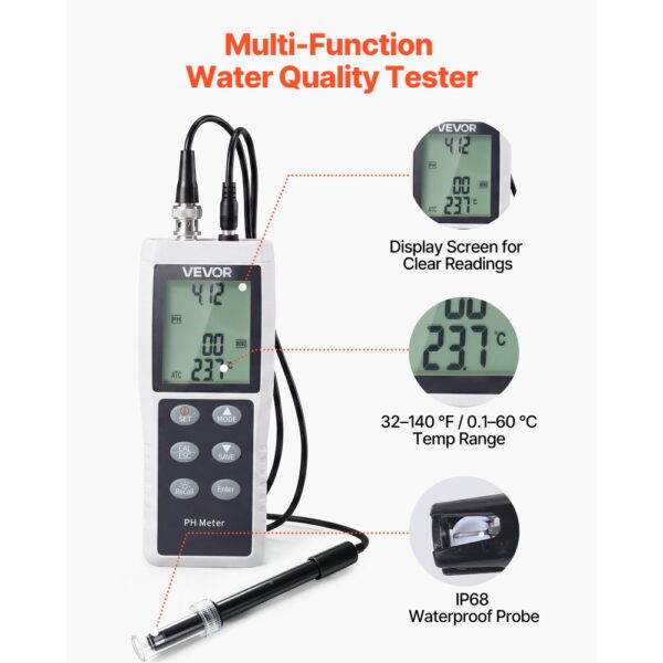VEVOR pH-Meter, Messbereich 0–14, Wasserdichte Sonde (IP68), 3-Punkt-Automatikkalibrierung – Bild 4 VEVOR pH-Meter, Messbereich 0–14, Wasserdichte Sonde (IP68), 3-Punkt-Automatikkalibrierung – Bild 4