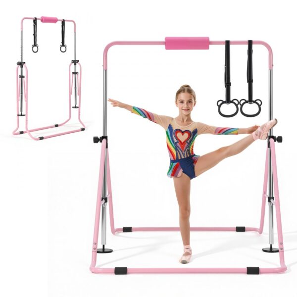 VEVOR Gymnastikstange für Kinder mit 63,5 kg Tragkraft, Klappbares Turnreck mit Turnringen, Pink