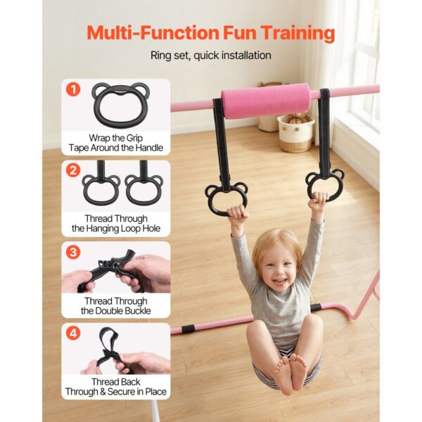VEVOR Gymnastikstange für Kinder mit 63,5 kg Tragkraft, Klappbares Turnreck mit Turnringen, Pink – Bild 4