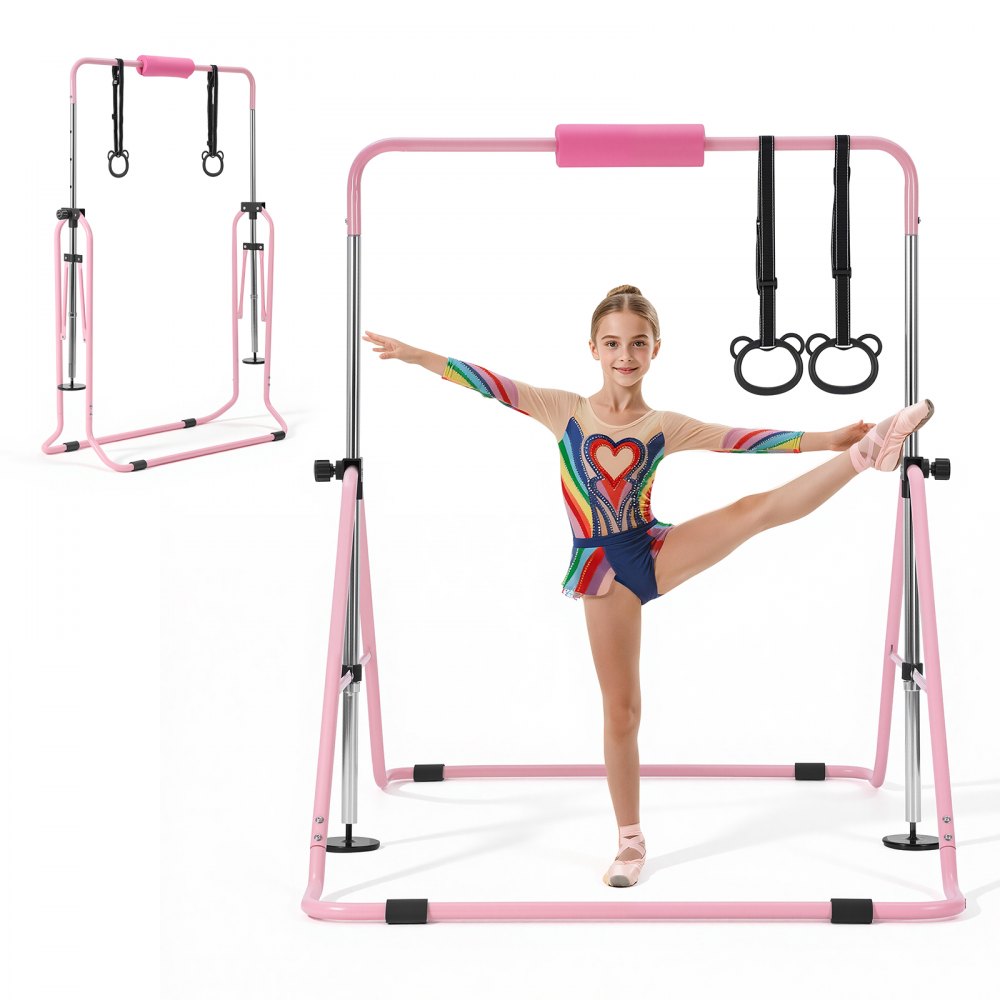 VEVOR Gymnastikstange für Kinder mit 63,5 kg Tragkraft, Klappbares Turnreck mit Turnringen, Pink