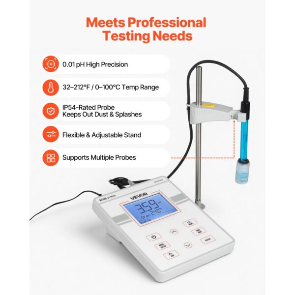 VEVOR Tisch-pH-Meter, Messbereich pH 0–14, Speicher für bis zu 50 Messwerte – Bild 4