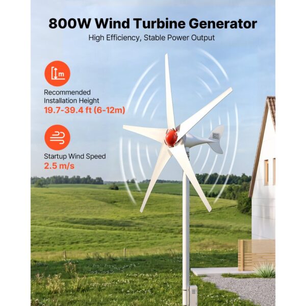 VEVOR 800W 12V Horizontale Windkraftanlage Windgenerator mit MPPT & PWM, 5 Rotorblätter, 3-Phasen-Wechselstrom – Bild 2