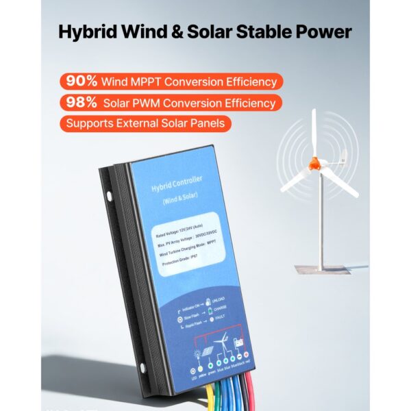VEVOR 1000W 12V Horizontale Windkraftanlage mit Wind- & Solar-Hybridregler, 3 Rotorblätter – Bild 4