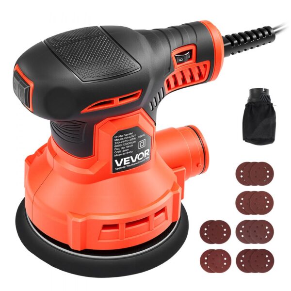 VEVOR 250W Exzenterschleifer 127mm Elektrisches Schleifgerät Holzschleifer, 6000-12000U/min, 16 Schleifpapiere