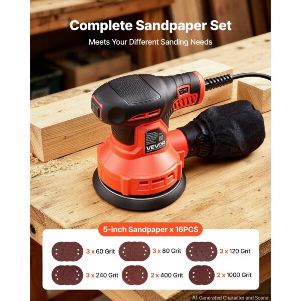 VEVOR 250W Exzenterschleifer 127mm Elektrisches Schleifgerät Holzschleifer, 6000-12000U/min, 16 Schleifpapiere – Bild 4