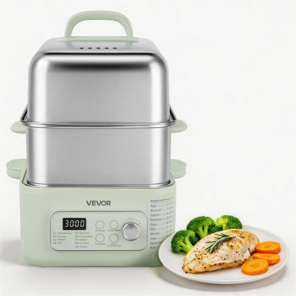VEVOR Elektrischer Dampfgarer 13 L mit 2 Garebenen Edelstahl 1500 W Grün, für Gemüse, Meeresfrüchte und Reis
