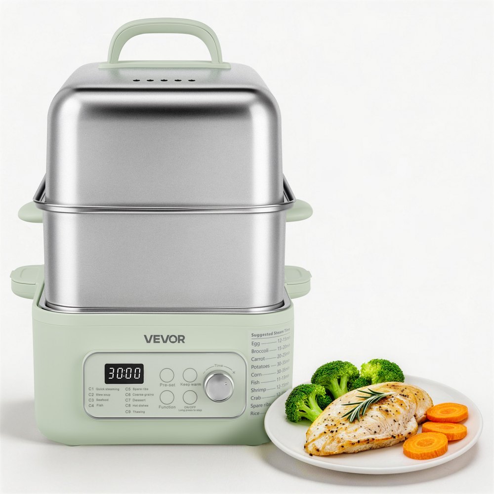VEVOR Elektrischer Dampfgarer 13 L mit 2 Garebenen Edelstahl 1500 W Grün, für Gemüse, Meeresfrüchte und Reis