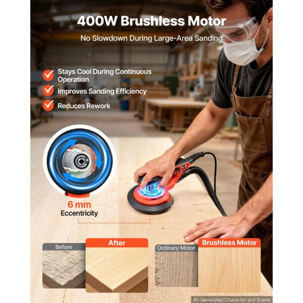 VEVOR 400W Exzenterschleifer 152mm Bürstenloses Schleifgerät Holzschleifer, 4000-10000U/min, 10 Schleifpapiere – Bild 2