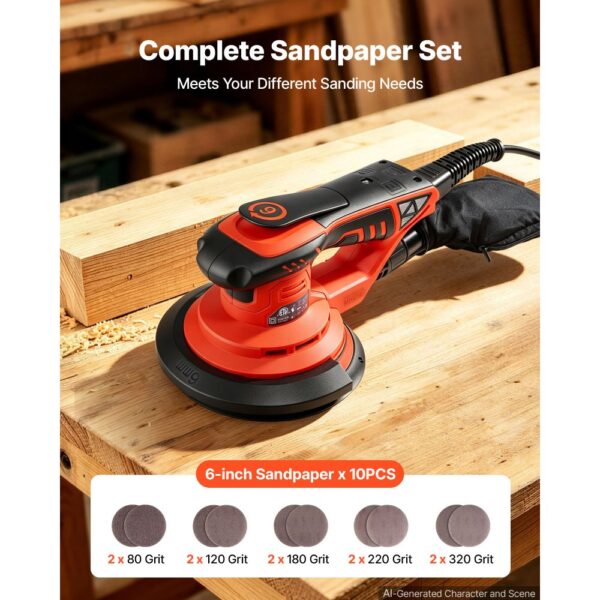 VEVOR 400W Exzenterschleifer 152mm Bürstenloses Schleifgerät Holzschleifer, 4000-10000U/min, 10 Schleifpapiere – Bild 4