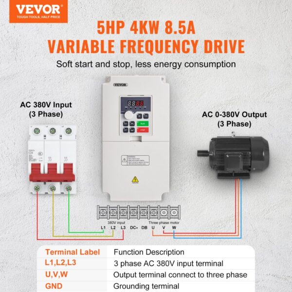 VEVOR Frequenzumrichter VFD 5PS, 4kW, 8,5A, 3-Phasen-AC, 380V Eingang auf 3-Phasen-AC – Bild 2
