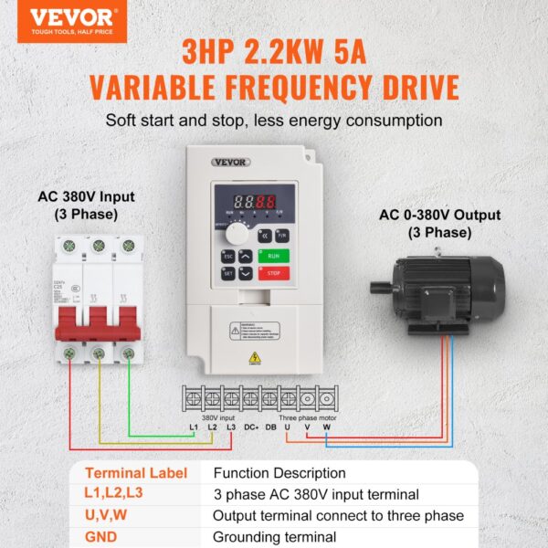 VEVOR Frequenzumrichter VFD 3 PS, 2,2 kW, 5 A, 3-Phasen-Wechselstrom, 0 – Bild 2