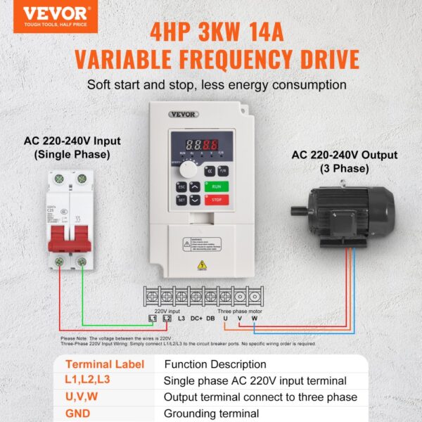 VEVOR Frequenzumrichter VFD 4 PS 3 kW, 14 A, 1/3-Phasen-AC 220V-Eingang zu 3-Phasen-AC 0–220 V Ausgang – Bild 2