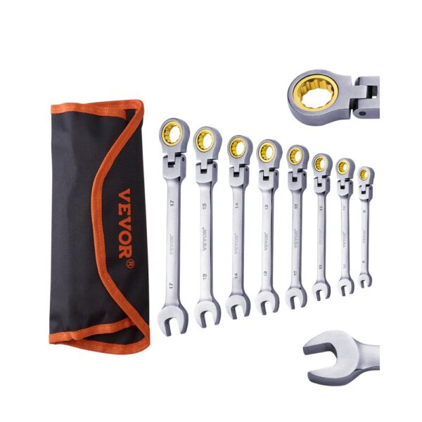 VEVOR Flexhead-Ratschenschlüsselsat 8-teiliger Ringmaulschlüsselsatz mit Rolltasche
