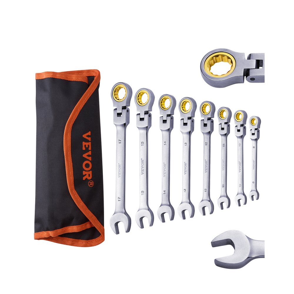 VEVOR Flexhead-Ratschenschlüsselsat 8-teiliger Ringmaulschlüsselsatz mit Rolltasche