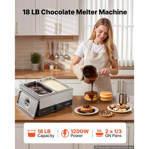 VEVOR Schokoladenschmelzmaschine 2 Abnehmbare Behälter Edelstahl 1,2 kW, mit Temperaturregelung 30–85 ℃ – Bild 2