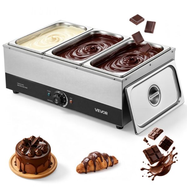 VEVOR Schokoladenschmelzmaschine 3 Abnehmbare Behälter Edelstahl 1,2 kW, mit Temperaturregelung 30–85 ℃
