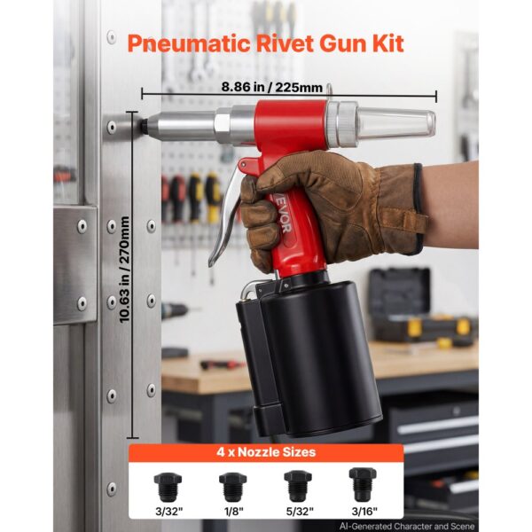 VEVOR Druckluft Nietmutternzange Set mit 4 Nasenstücken 2,4/3,2/4,0/4,8mm, 1100kg Zugkraft, Max. 16mm Hub – Bild 2