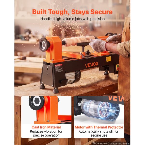 VEVOR Drechselbank 254 x 465 mm 1/2 PS Tischdrehbank mit 5 Drehzahlstufen, mit Thermoschutz – Bild 5