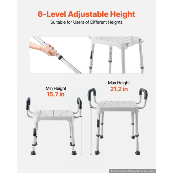 VEVOR Duschhocker 181,4 kg Belastbar, 6-stufig Höhenverstellbarer Badewannenhocker, Rutschfeste TPR-Gummifüße – Bild 2