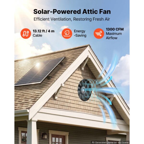 VEVOR Giebellüfter 30,5cm Dachbodenlüfter Solarbetrieben 2208,7m³/h Schwarz, mit Thermostat & 50W Solarpannel – Bild 2 VEVOR Giebellüfter 30,5cm Dachbodenlüfter Solarbetrieben 2208,7m³/h Schwarz, mit Thermostat & 50W Solarpannel – Bild 2
