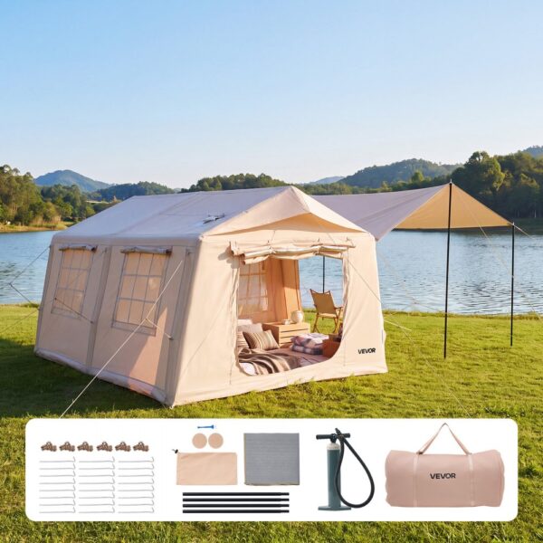 VEVOR Aufblasbares Zelt Luftzelt 5-8 Personen mit Pumpe & Sonnendach Beige