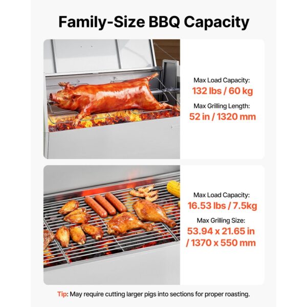 VEVOR Lammgrill 38 W 60 kg 132 cm Drehspieß Spanferkelgrill Edelstahl BBQ für Garten und Terrasse – Bild 3
