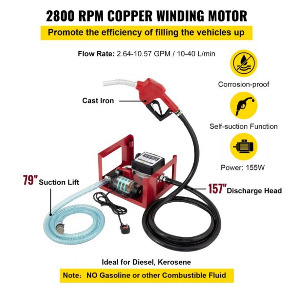 VEVOR Dieselpumpe Heizölpumpe 40L, 155W Selbstansaugende Ölpumpe, 20 kg Diesel Kraftstoff-Umfüllpumpe – Bild 5