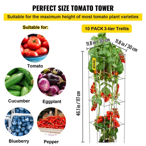 VEVOR Tomatenkäfige, 30 x 30 x 117 cm, 10er-Set quadratische Pflanzenstützkäfige – Bild 3