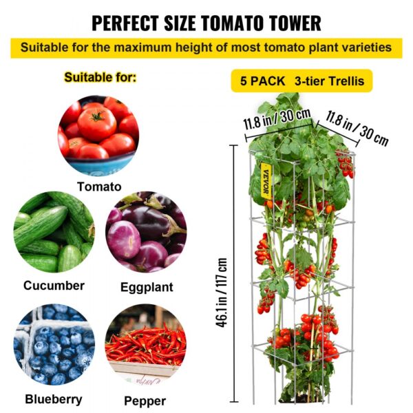 VEVOR Tomatenkäfige, 30 x 30 x 117 cm, 5er-Set quadratische Pflanzenstützkäfige – Bild 3