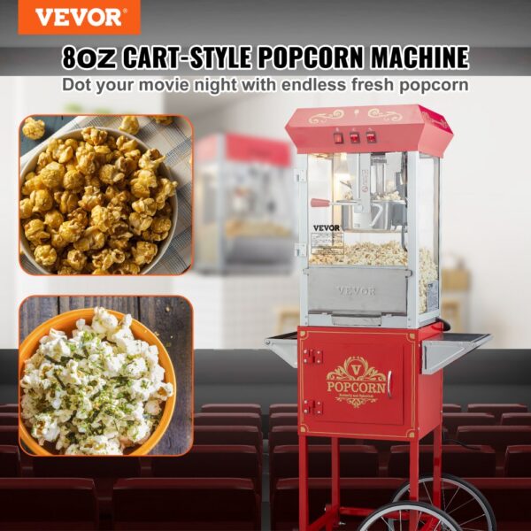 VEVOR Popcornmaschine Popcornautomat Popcorngerät mit Wagen 850 W 8 oz Kessel für 48 Tassen pro Ladung – Bild 2