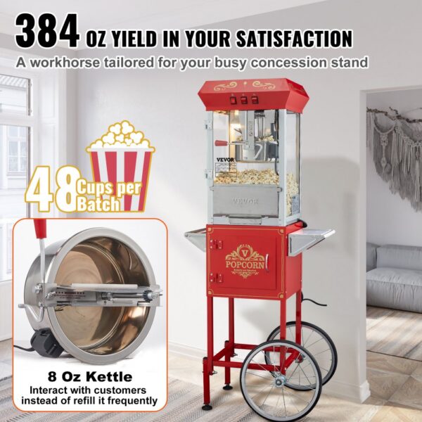VEVOR Popcornmaschine Popcornautomat Popcorngerät mit Wagen 850 W 8 oz Kessel für 48 Tassen pro Ladung – Bild 3