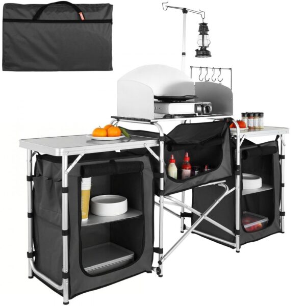VEVOR Camping-Küchentisch, Aluminium-Kochstation mit 3 Schränken und Abnehmbarer Windschutzscheibe, Grill usw.