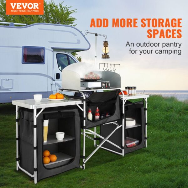 VEVOR Camping-Küchentisch, Aluminium-Kochstation mit 3 Schränken und Abnehmbarer Windschutzscheibe, Grill usw. – Bild 2